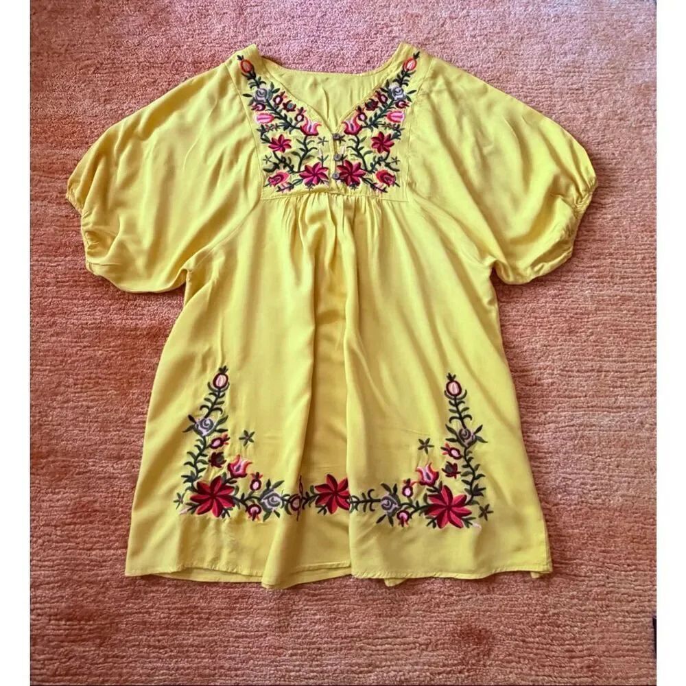 Yellow Embroidered Boho Tunic Mini Dress Floral Loose Fit M